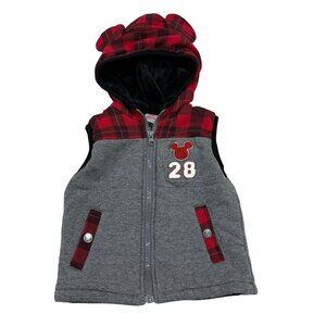 Disney Mickey Mouse Toddler Vest 2T Red & Gray Plaid Hooded Jacket
